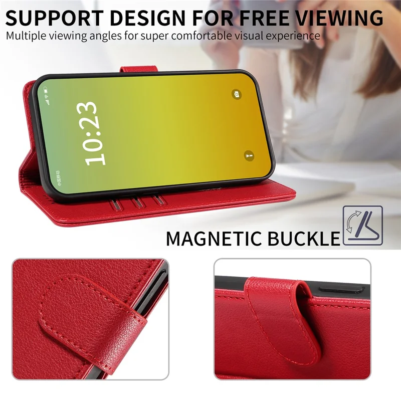 For iPhone 14 Plus Leather Case Litchi Texture RFID Blocking Wallet Stand Phone Cover - Wine Red