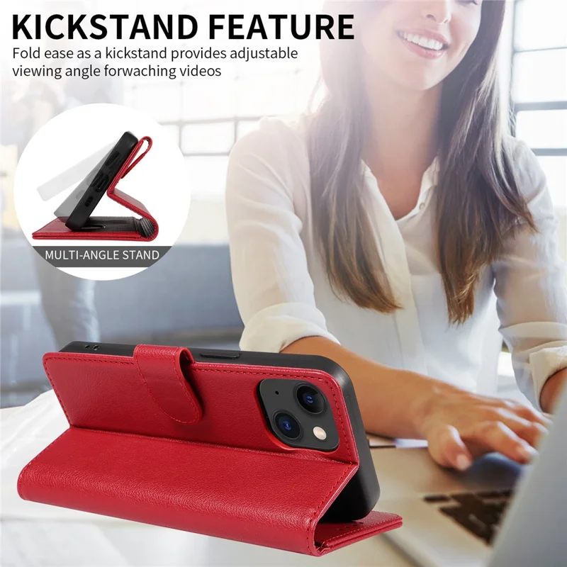 For iPhone 14 Plus Leather Case Litchi Texture RFID Blocking Wallet Stand Phone Cover - Wine Red