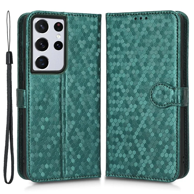 Case de Teléfono Anti-drop Para Samsung Galaxy S21 Ultra 5G, Patrón de Puntos PU Cuero de Cuero PU Magnético Flip Willet Soport Cover Con Correa - Verde