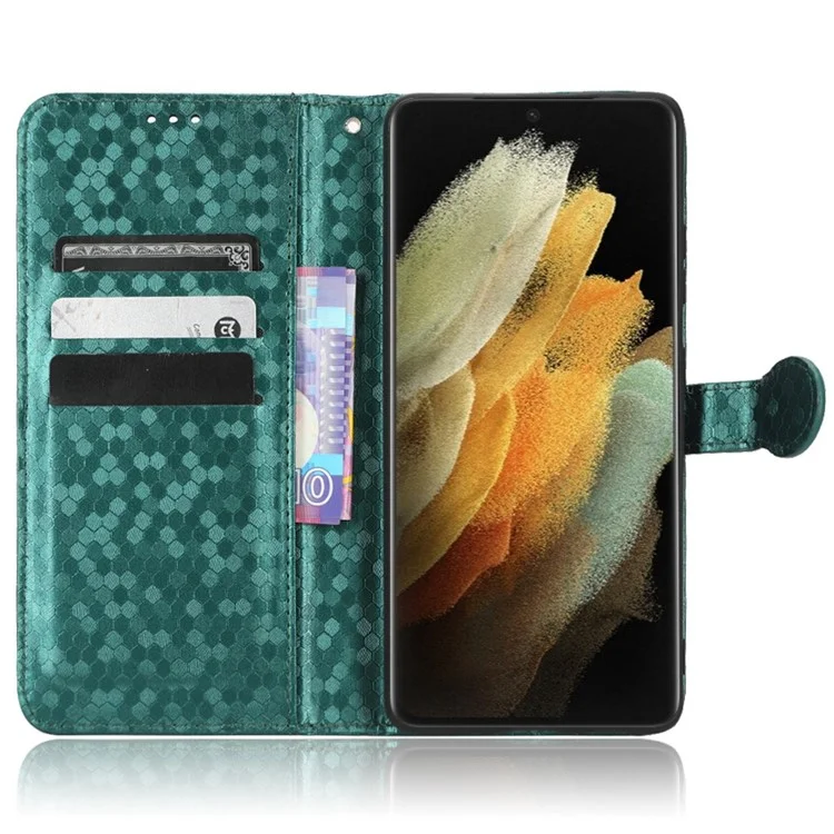 Case de Teléfono Anti-drop Para Samsung Galaxy S21 Ultra 5G, Patrón de Puntos PU Cuero de Cuero PU Magnético Flip Willet Soport Cover Con Correa - Verde