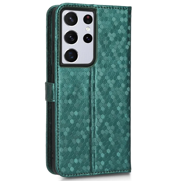 Case de Teléfono Anti-drop Para Samsung Galaxy S21 Ultra 5G, Patrón de Puntos PU Cuero de Cuero PU Magnético Flip Willet Soport Cover Con Correa - Verde