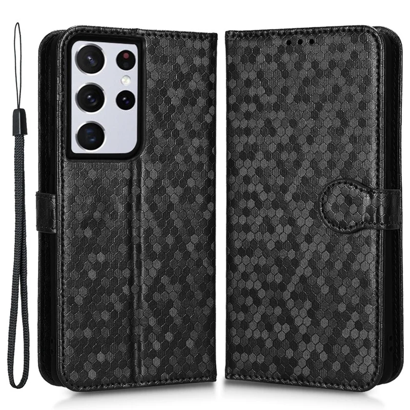 Anti-drop Phone Case For Samsung Galaxy S21 Ultra 5G, Dot Pattern Imprinted PU Leather Magnetic Clasp Flip Wallet Stand Phone Cover with Strap - Black
