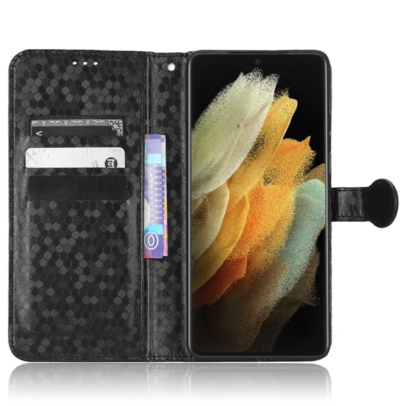 Anti-drop Phone Case For Samsung Galaxy S21 Ultra 5G, Dot Pattern Imprinted PU Leather Magnetic Clasp Flip Wallet Stand Phone Cover with Strap - Black