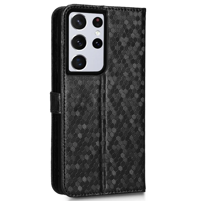 Anti-drop Phone Case For Samsung Galaxy S21 Ultra 5G, Dot Pattern Imprinted PU Leather Magnetic Clasp Flip Wallet Stand Phone Cover with Strap - Black