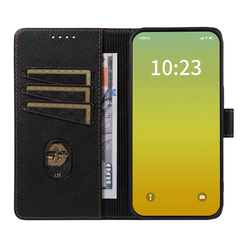 For iPhone 15 Pro Max Leather Case Litchi Texture RFID Blocking Wallet Stand Phone Cover - Black