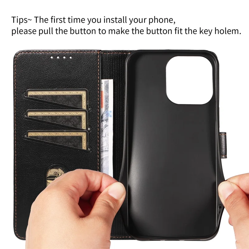 For iPhone 15 Pro Max Leather Case Litchi Texture RFID Blocking Wallet Stand Phone Cover - Black