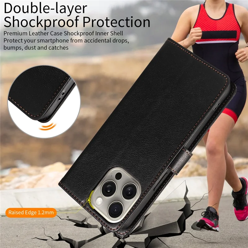 For iPhone 15 Pro Max Leather Case Litchi Texture RFID Blocking Wallet Stand Phone Cover - Black