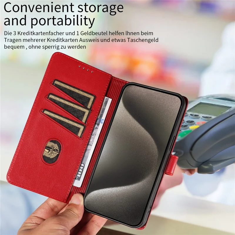 For iPhone 15 Pro Max Leather Case Litchi Texture RFID Blocking Wallet Stand Phone Cover - Wine Red