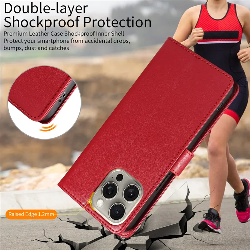 For iPhone 15 Pro Max Leather Case Litchi Texture RFID Blocking Wallet Stand Phone Cover - Wine Red