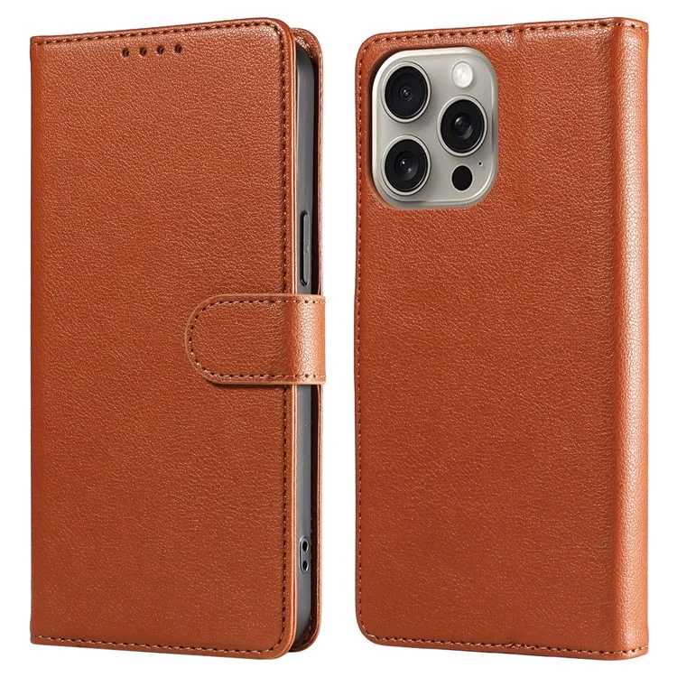 For iPhone 15 Pro Max Leather Case Litchi Texture RFID Blocking Wallet Stand Phone Cover - Brown