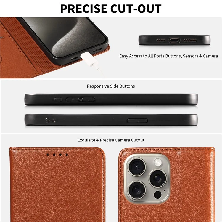 For iPhone 15 Pro Max Leather Case Litchi Texture RFID Blocking Wallet Stand Phone Cover - Brown