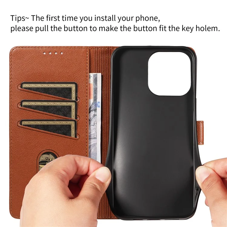 For iPhone 15 Pro Max Leather Case Litchi Texture RFID Blocking Wallet Stand Phone Cover - Brown
