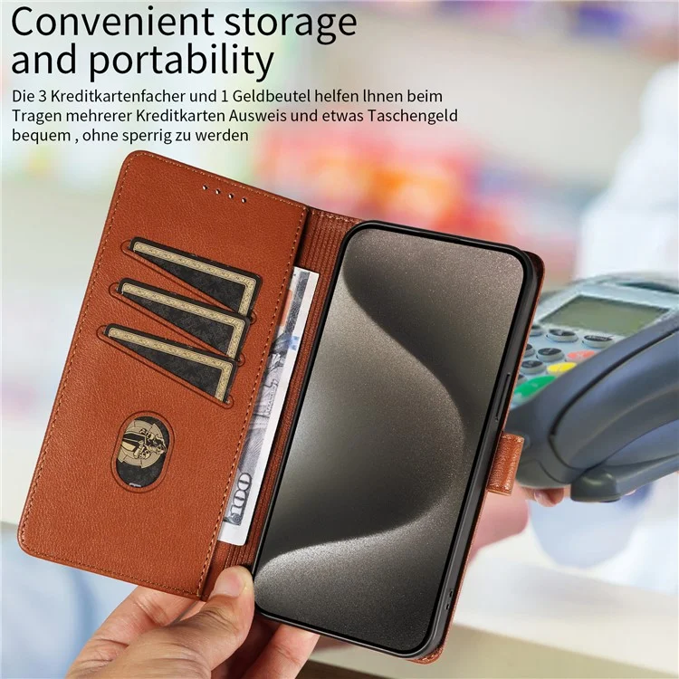 For iPhone 15 Pro Max Leather Case Litchi Texture RFID Blocking Wallet Stand Phone Cover - Brown