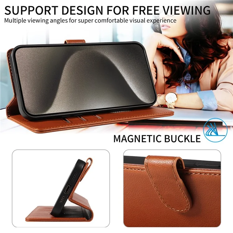 For iPhone 15 Pro Max Leather Case Litchi Texture RFID Blocking Wallet Stand Phone Cover - Brown