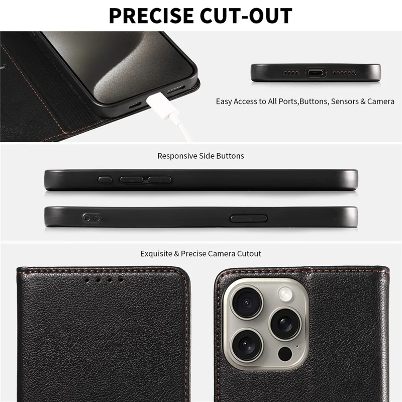 For iPhone 15 Pro Leather Case Litchi Texture RFID Blocking Wallet Stand Phone Cover - Black