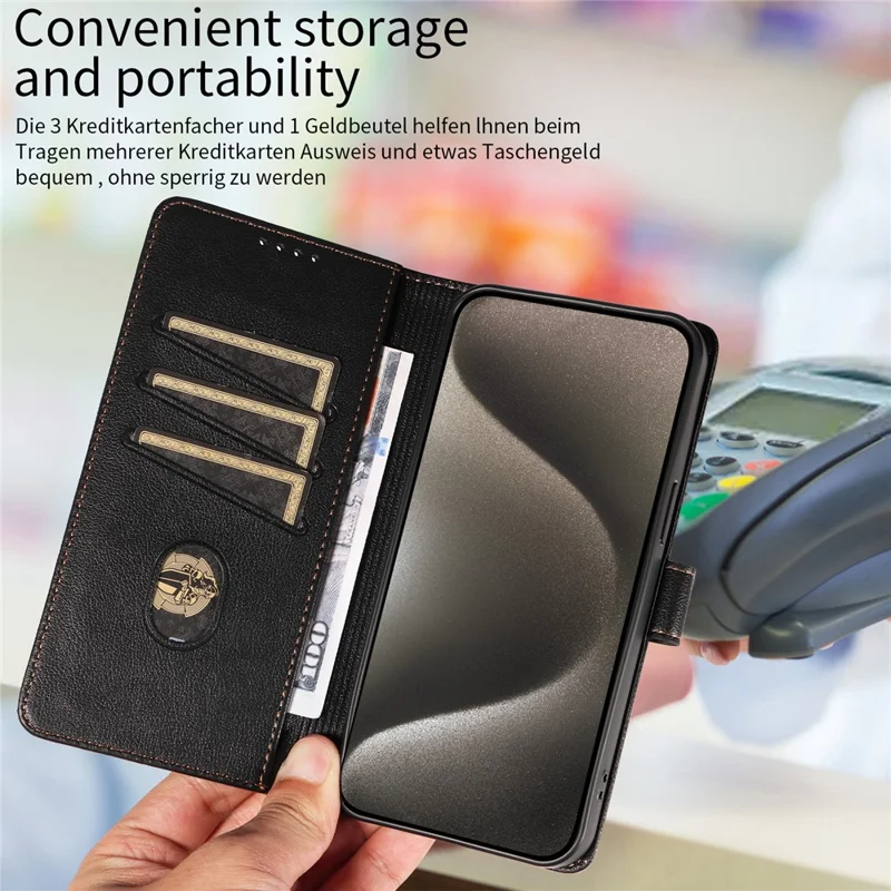 For iPhone 15 Pro Leather Case Litchi Texture RFID Blocking Wallet Stand Phone Cover - Black
