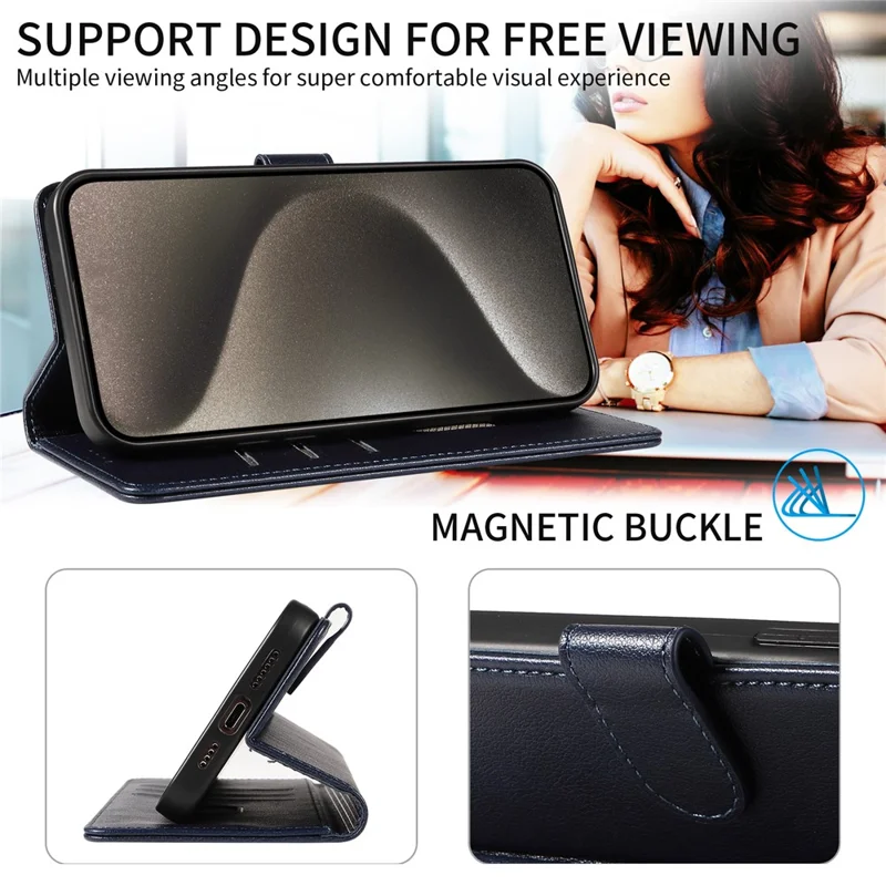 For iPhone 15 Pro Leather Case Litchi Texture RFID Blocking Wallet Stand Phone Cover - Black