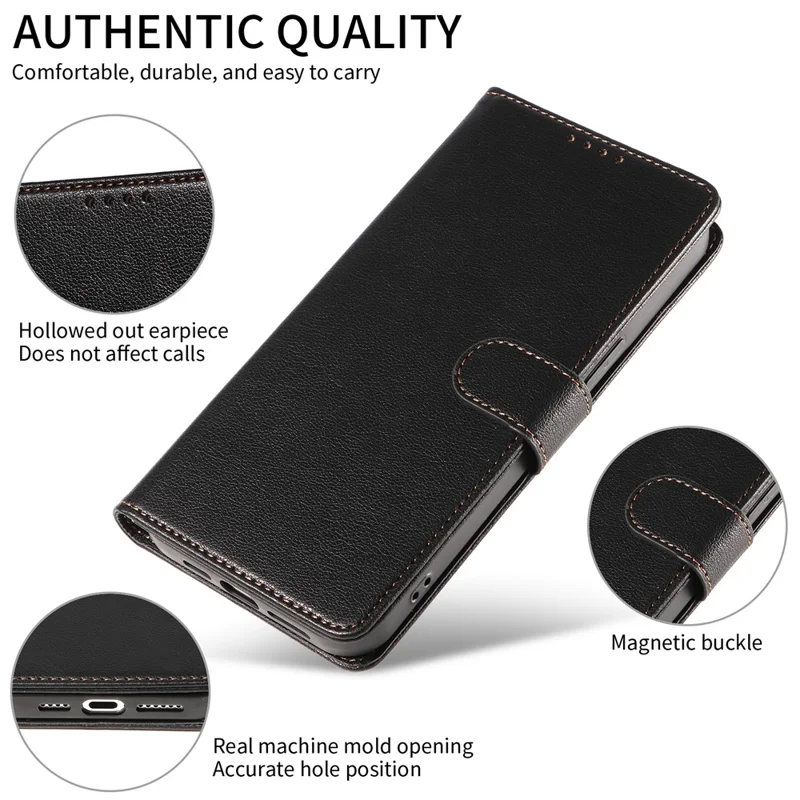 For iPhone 15 Pro Leather Case Litchi Texture RFID Blocking Wallet Stand Phone Cover - Black