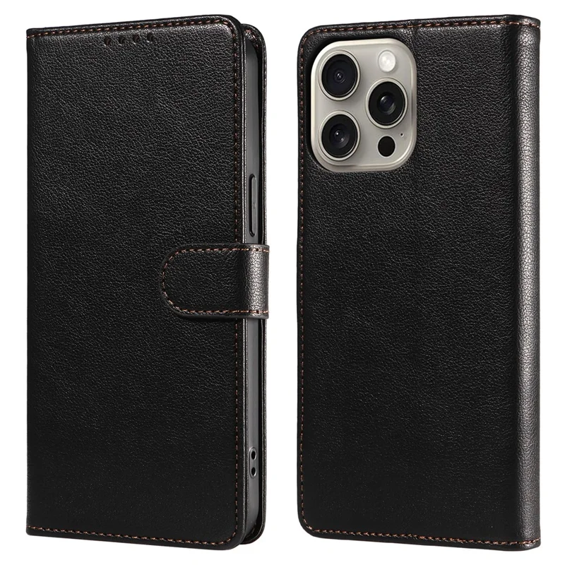 For iPhone 16 Pro Max Leather Case Litchi Texture RFID Blocking Wallet Stand Phone Cover - Black