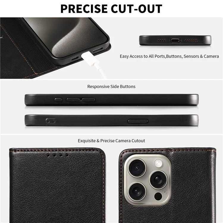 For iPhone 16 Pro Max Leather Case Litchi Texture RFID Blocking Wallet Stand Phone Cover - Black