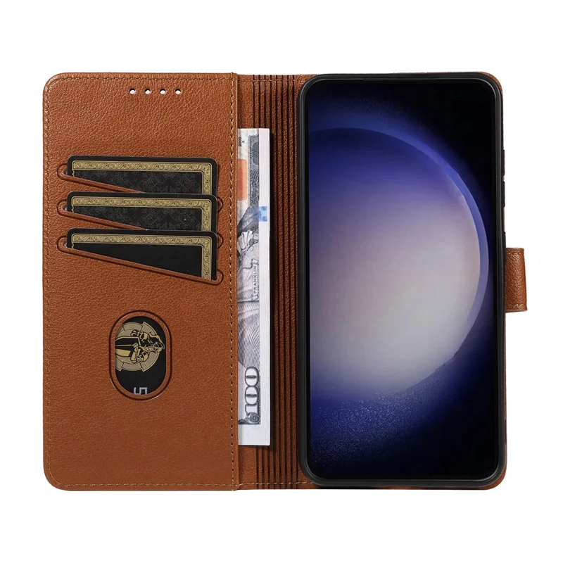 For Samsung Galaxy S23 FE Leather Case Litchi Texture RFID Blocking Wallet Stand Phone Cover - Brown