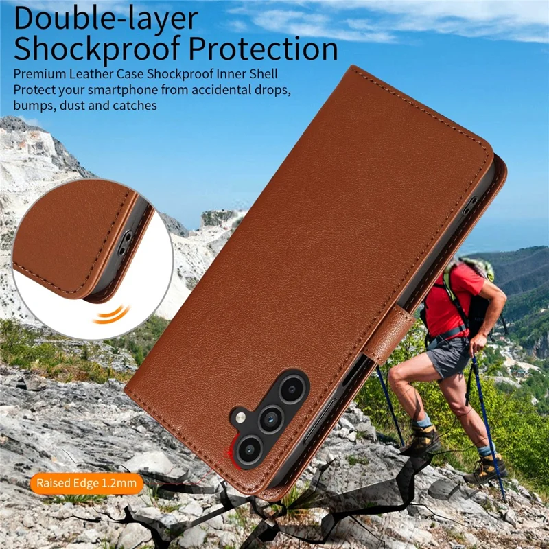 For Samsung Galaxy S23 FE Leather Case Litchi Texture RFID Blocking Wallet Stand Phone Cover - Brown