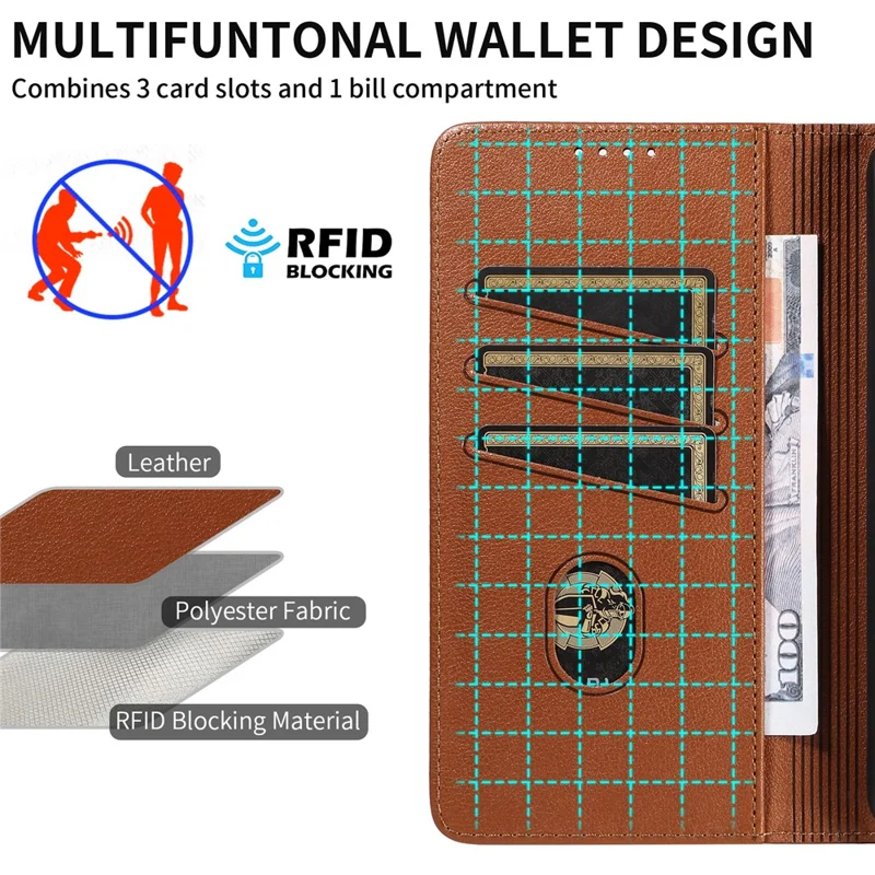 For Samsung Galaxy S23 FE Leather Case Litchi Texture RFID Blocking Wallet Stand Phone Cover - Brown