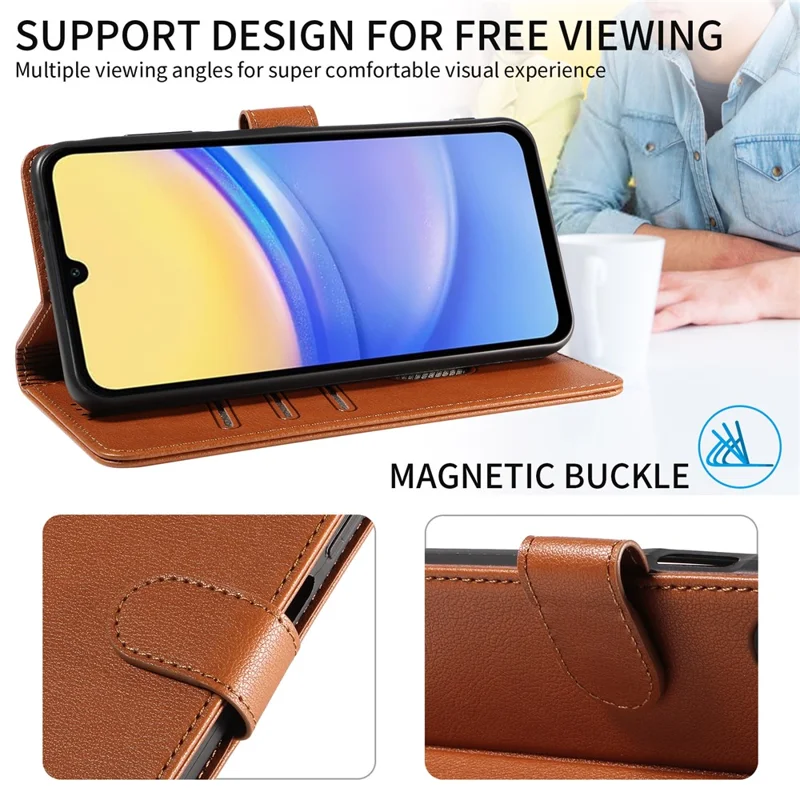 For Samsung Galaxy S23 FE Leather Case Litchi Texture RFID Blocking Wallet Stand Phone Cover - Brown