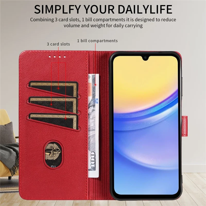 For Samsung Galaxy S23 FE Leather Case Litchi Texture RFID Blocking Wallet Stand Phone Cover - Wine Red