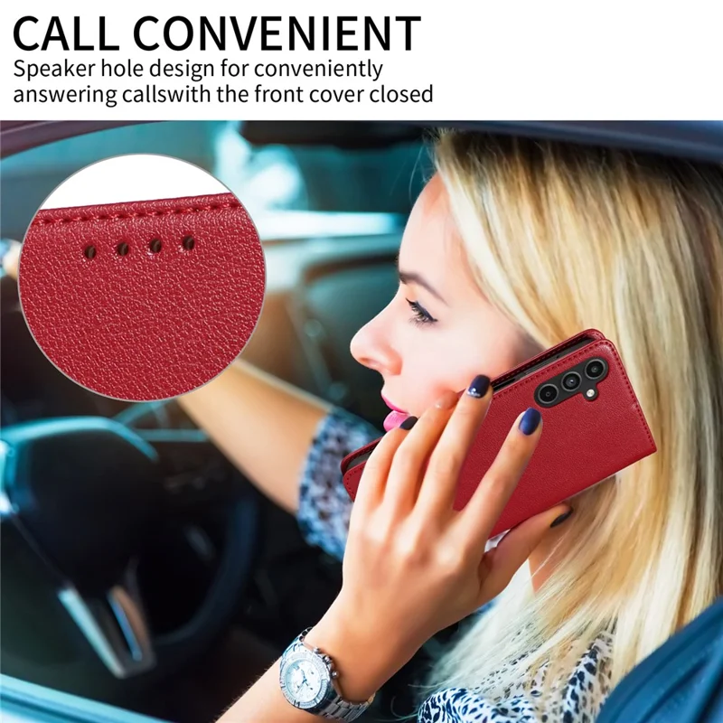 For Samsung Galaxy S23 FE Leather Case Litchi Texture RFID Blocking Wallet Stand Phone Cover - Wine Red