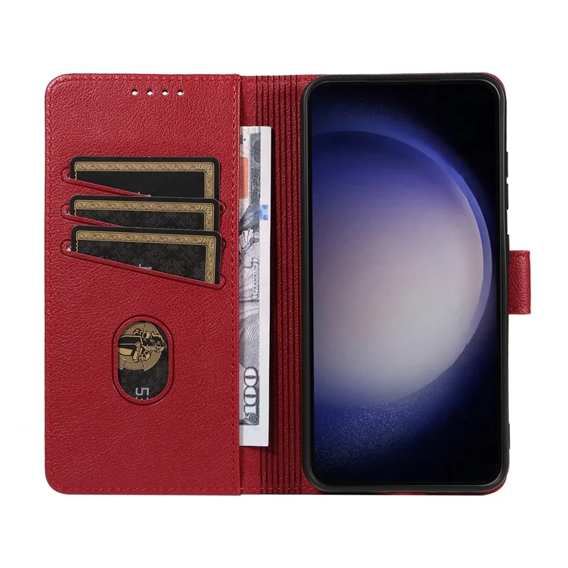 For Samsung Galaxy S23 FE Leather Case Litchi Texture RFID Blocking Wallet Stand Phone Cover - Wine Red