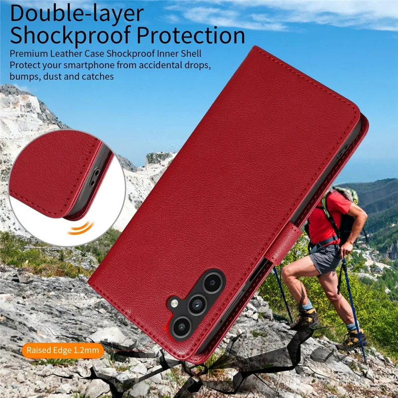 For Samsung Galaxy S23 FE Leather Case Litchi Texture RFID Blocking Wallet Stand Phone Cover - Wine Red