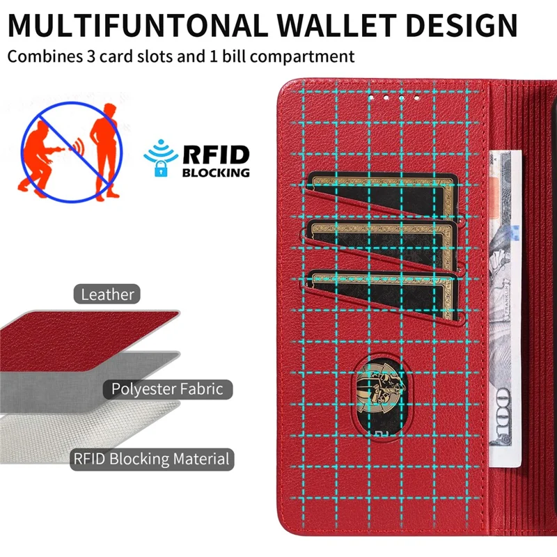 For Samsung Galaxy S23 FE Leather Case Litchi Texture RFID Blocking Wallet Stand Phone Cover - Wine Red