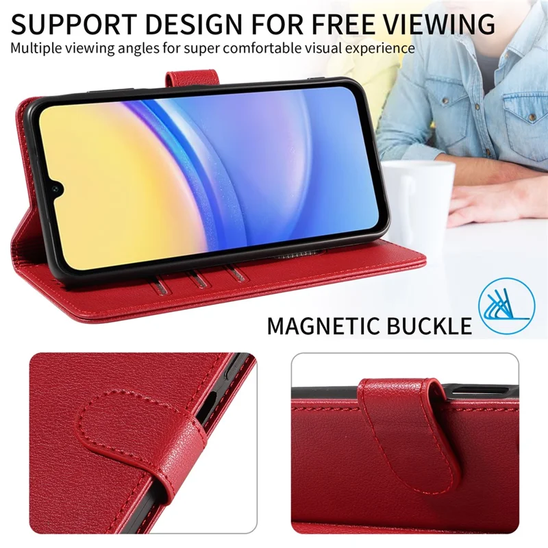 For Samsung Galaxy S23 FE Leather Case Litchi Texture RFID Blocking Wallet Stand Phone Cover - Wine Red