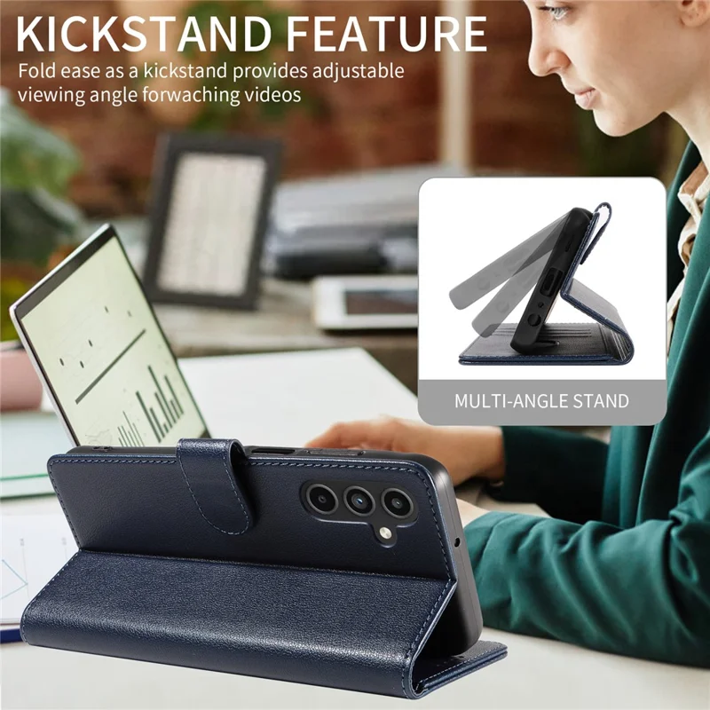 For Samsung Galaxy A16 4G  /  A16 5G Leather Case Litchi Texture RFID Blocking Wallet Stand Phone Cover - Blue