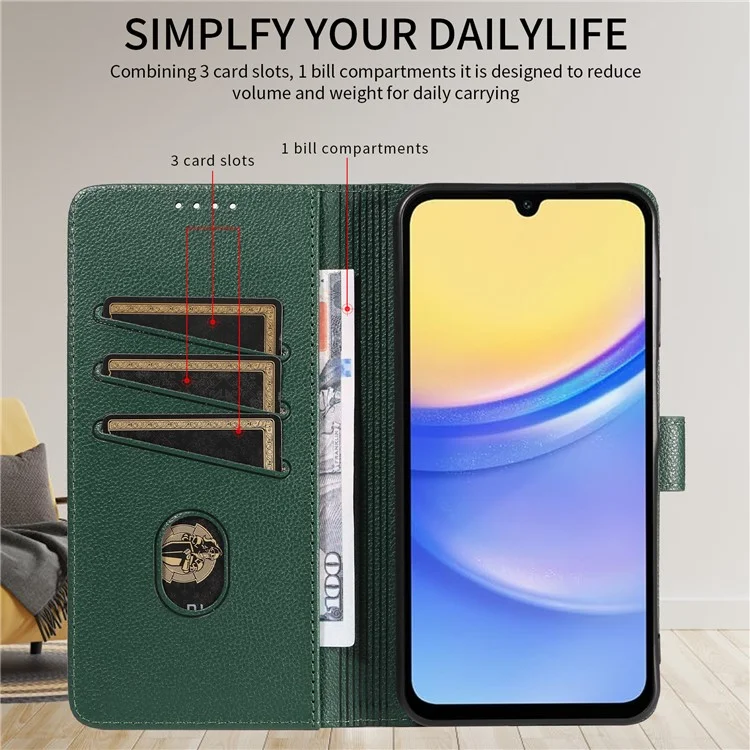 Étui en cuir à texture de litchi avec protection RFID et support pour Samsung Galaxy A25 5G (Global) (161,0 x 76,5 x 8,3 mm) - Vert