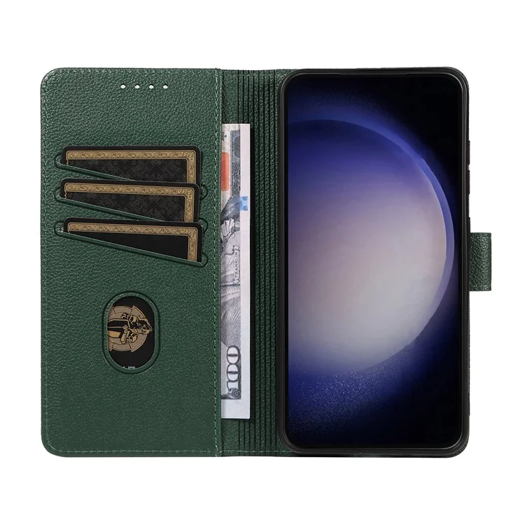 Étui en cuir à texture de litchi avec protection RFID et support pour Samsung Galaxy A25 5G (Global) (161,0 x 76,5 x 8,3 mm) - Vert