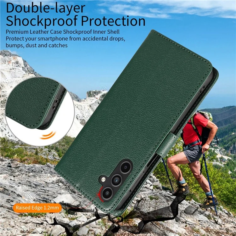 Étui en cuir à texture de litchi avec protection RFID et support pour Samsung Galaxy A25 5G (Global) (161,0 x 76,5 x 8,3 mm) - Vert