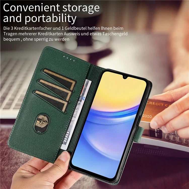 Étui en cuir à texture de litchi avec protection RFID et support pour Samsung Galaxy A25 5G (Global) (161,0 x 76,5 x 8,3 mm) - Vert