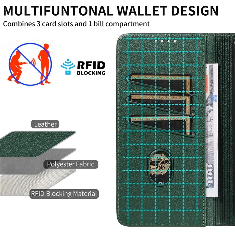 Étui en cuir à texture de litchi avec protection RFID et support pour Samsung Galaxy A25 5G (Global) (161,0 x 76,5 x 8,3 mm) - Vert