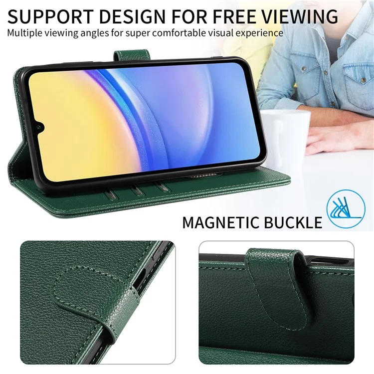 Étui en cuir à texture de litchi avec protection RFID et support pour Samsung Galaxy A25 5G (Global) (161,0 x 76,5 x 8,3 mm) - Vert
