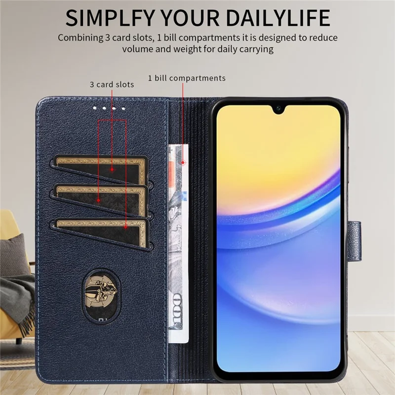 For Samsung Galaxy A15 5G Leather Case Litchi Texture RFID Blocking Wallet Stand Phone Cover - Blue