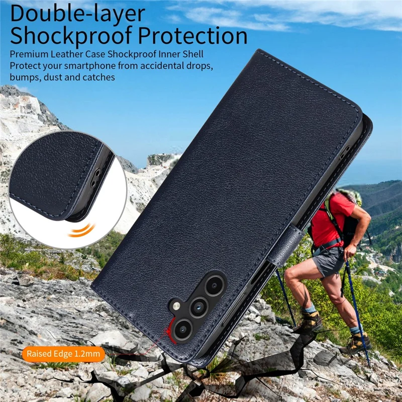 For Samsung Galaxy A15 5G Leather Case Litchi Texture RFID Blocking Wallet Stand Phone Cover - Blue