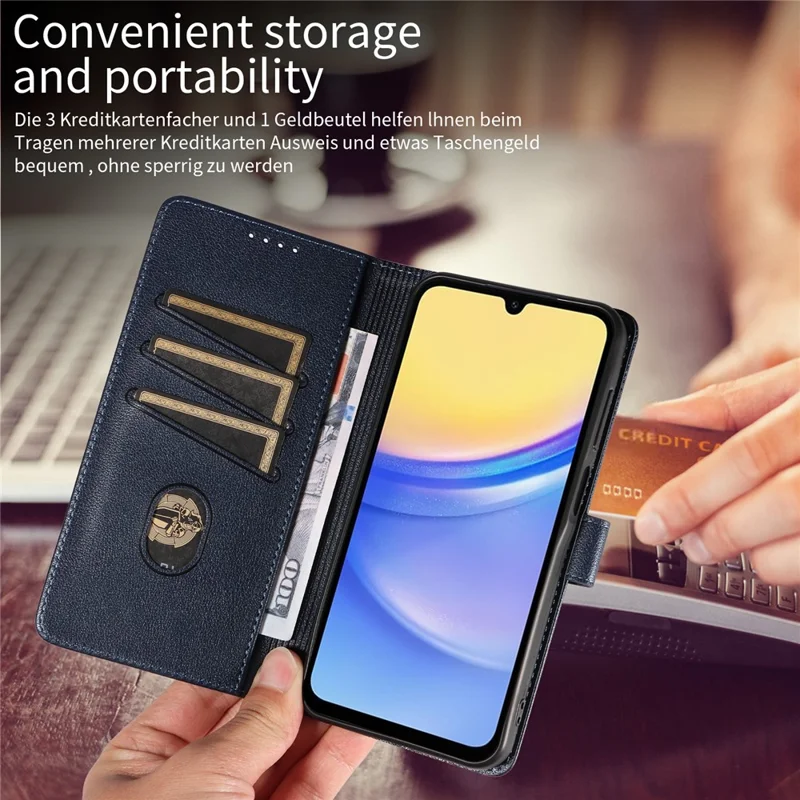 For Samsung Galaxy A15 5G Leather Case Litchi Texture RFID Blocking Wallet Stand Phone Cover - Blue