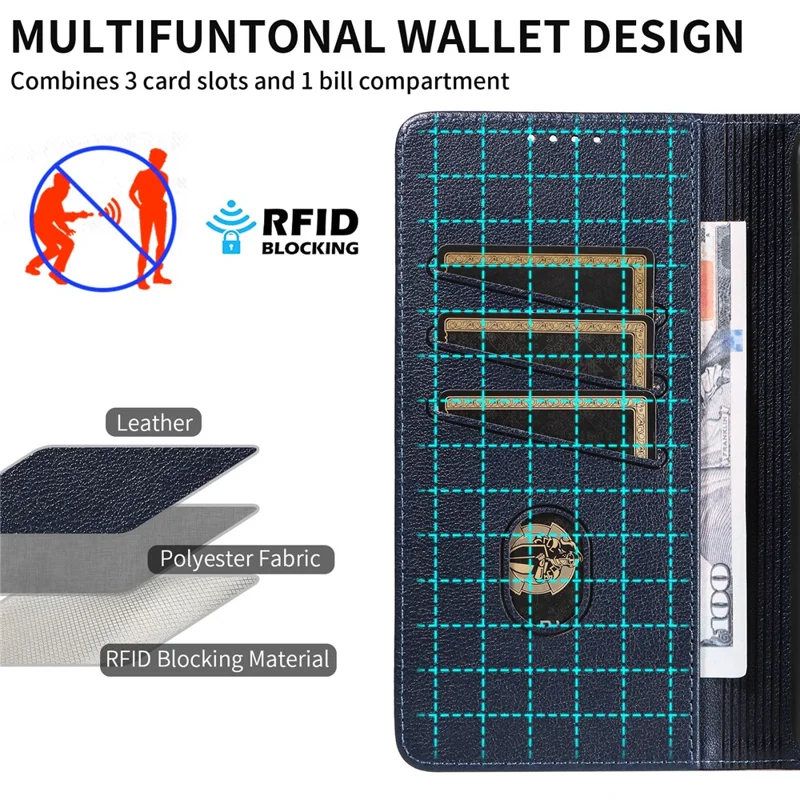 For Samsung Galaxy A15 5G Leather Case Litchi Texture RFID Blocking Wallet Stand Phone Cover - Blue