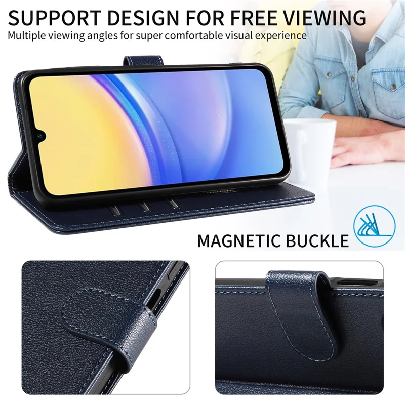 For Samsung Galaxy A15 5G Leather Case Litchi Texture RFID Blocking Wallet Stand Phone Cover - Blue