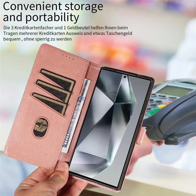 For Samsung Galaxy S23 Ultra Leather Case Litchi Texture RFID Blocking Wallet Stand Phone Cover - Rose Gold