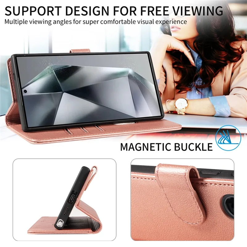 For Samsung Galaxy S23 Ultra Leather Case Litchi Texture RFID Blocking Wallet Stand Phone Cover - Rose Gold