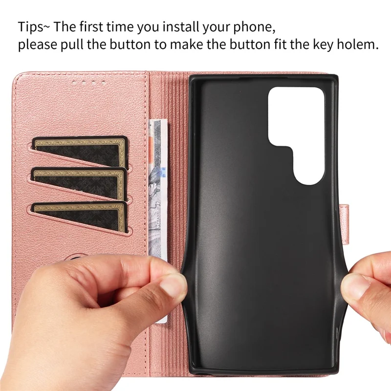 For Samsung Galaxy S23 Ultra Leather Case Litchi Texture RFID Blocking Wallet Stand Phone Cover - Rose Gold