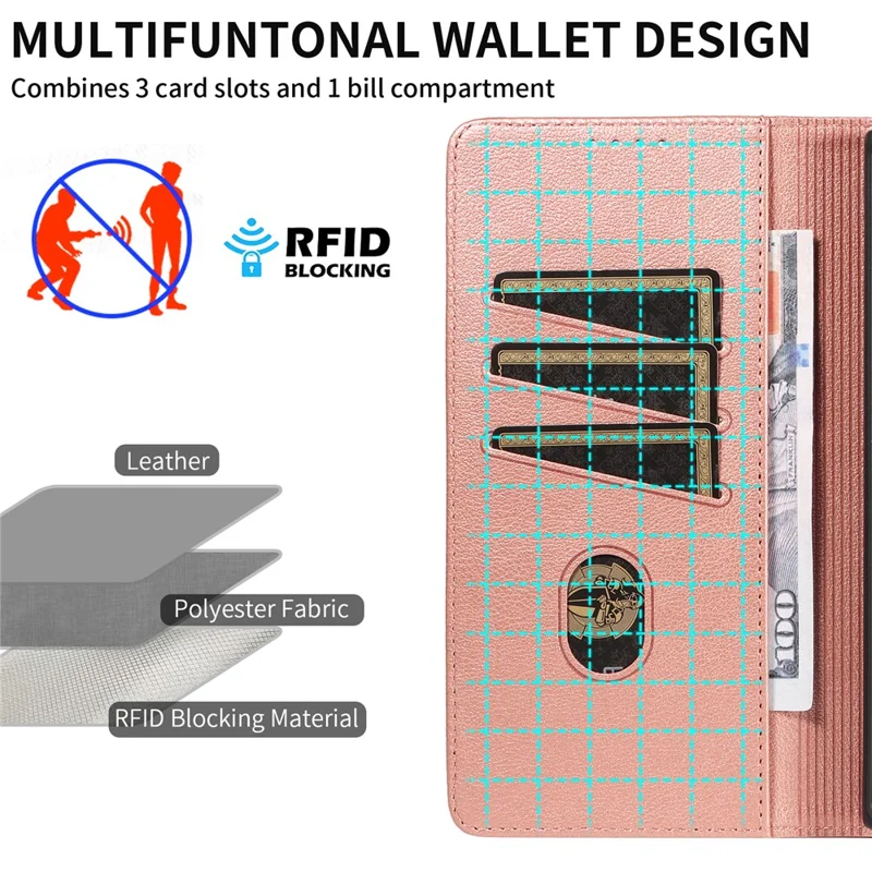 For Samsung Galaxy S23 Ultra Leather Case Litchi Texture RFID Blocking Wallet Stand Phone Cover - Rose Gold